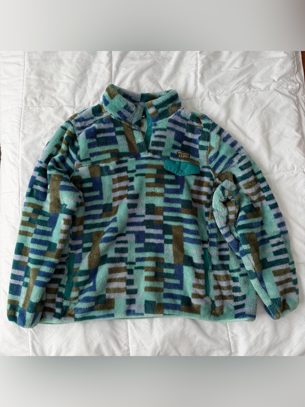 LL Bean Fleece Pullover Sweater 3X Geometric Print Snap Cozy Hi Pile Sherpa